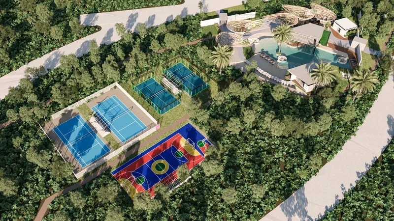 Render arquitectónico · Vista aérea del conjunto Mukta Residencial